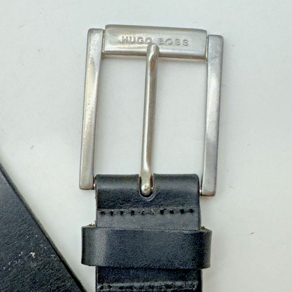 Hugo Boss Black Cow Leather Belt Men's 38 Engraved HB Silver Tone Buckle 5128 - Picture 2 of 14